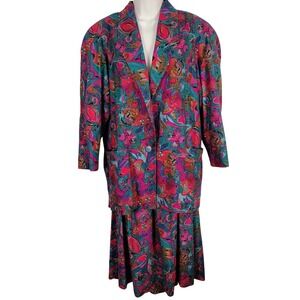La Fleur Vintage 100% Raw Silk 2 Piece Skirt Suit Set Abstract Floral Pink Teal